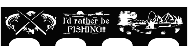 Round black steel fire pit with laser-cut designs featuring crossed fishing rods, jumping fish, and a scenic landscape with trees and mountains. The text 'I'd rather be FISHING!!' is displayed prominently.